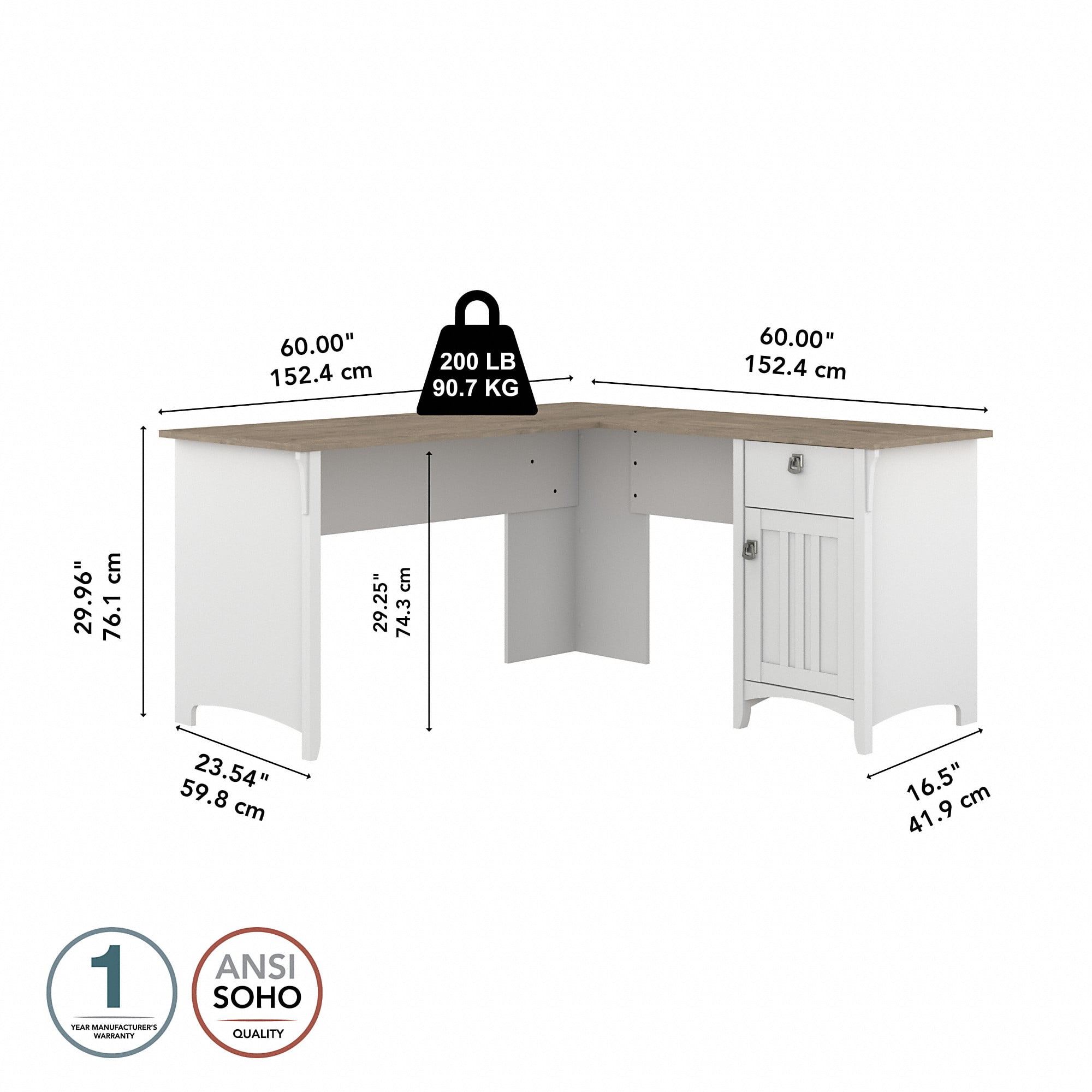 Salinas Farmhouse 60W L-Shape Computer Desk with 1 Box Drawer/1 Storage Cabinet in Shiplap Gray and Pure White