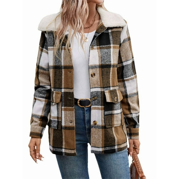 Female Plaid Shacket Lapel Jacket Long Sleeve Fleece Hooded Jackets Fall Winter Warm Coat Khaki S