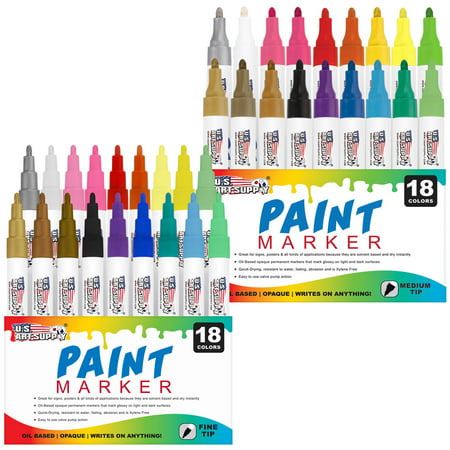 U.S. Art Supply Set of 36 Oil Based Paint Pen Markers (18 Colors - Both Medium and Fine Point Tip Sets) - Permanent (Best Paint Thinner For Oil Based Paint)