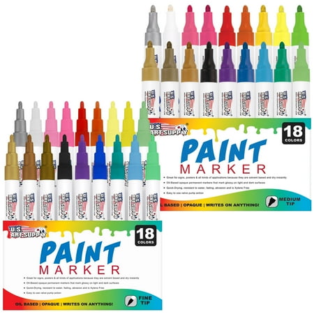 - U.S. Art Supply Set of 36 Oil Based Paint Pen Markers (18 Colors - Both Medium and Fine Point Tip Sets) - Permanent Ink