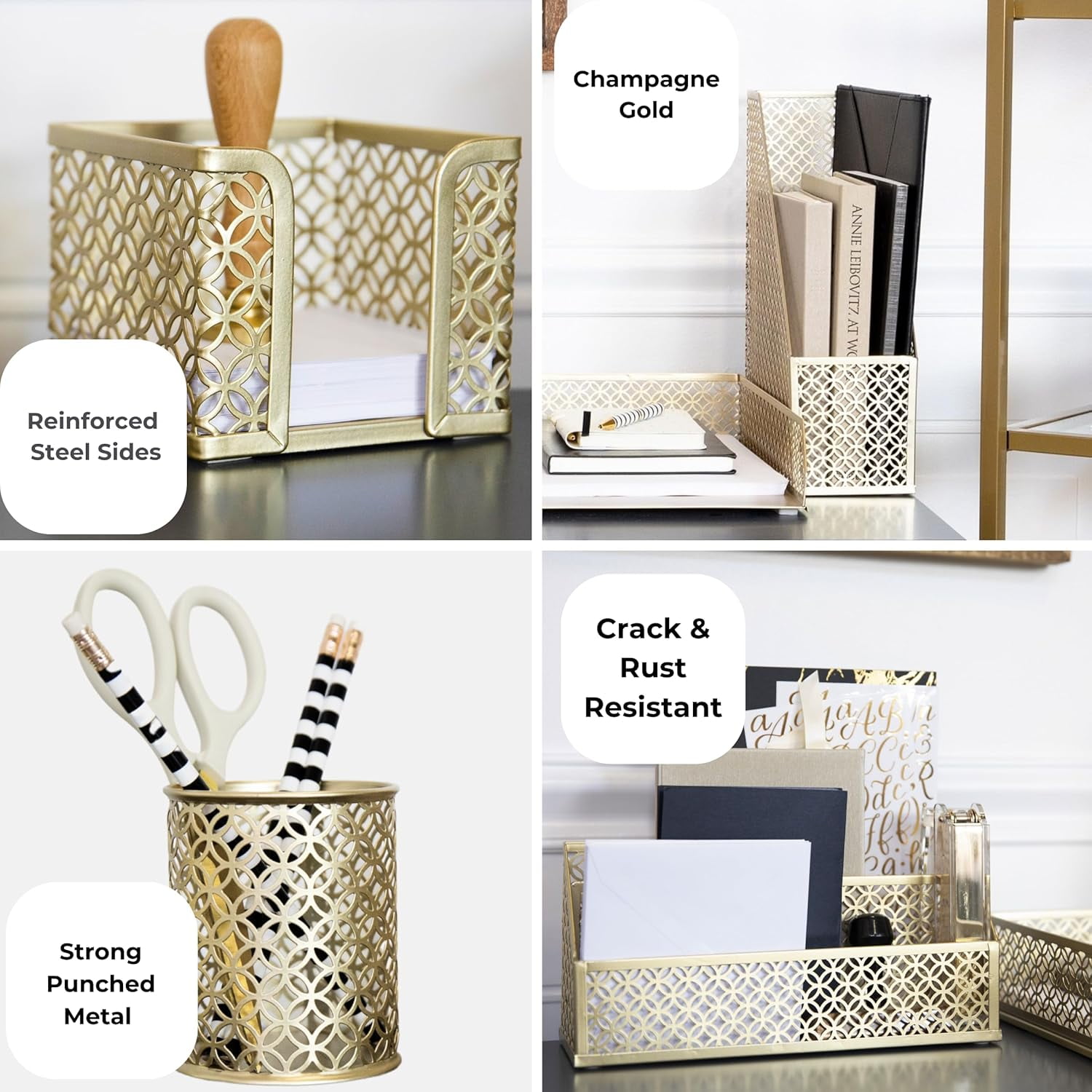 Gold Desk Organizer Set with Mail Sorter, Sticky Note Holder, Pen Cup, Magazine Holder, Letter Tray & Business Card Holder |   Stylish Desk Accessories for Home Office Décor