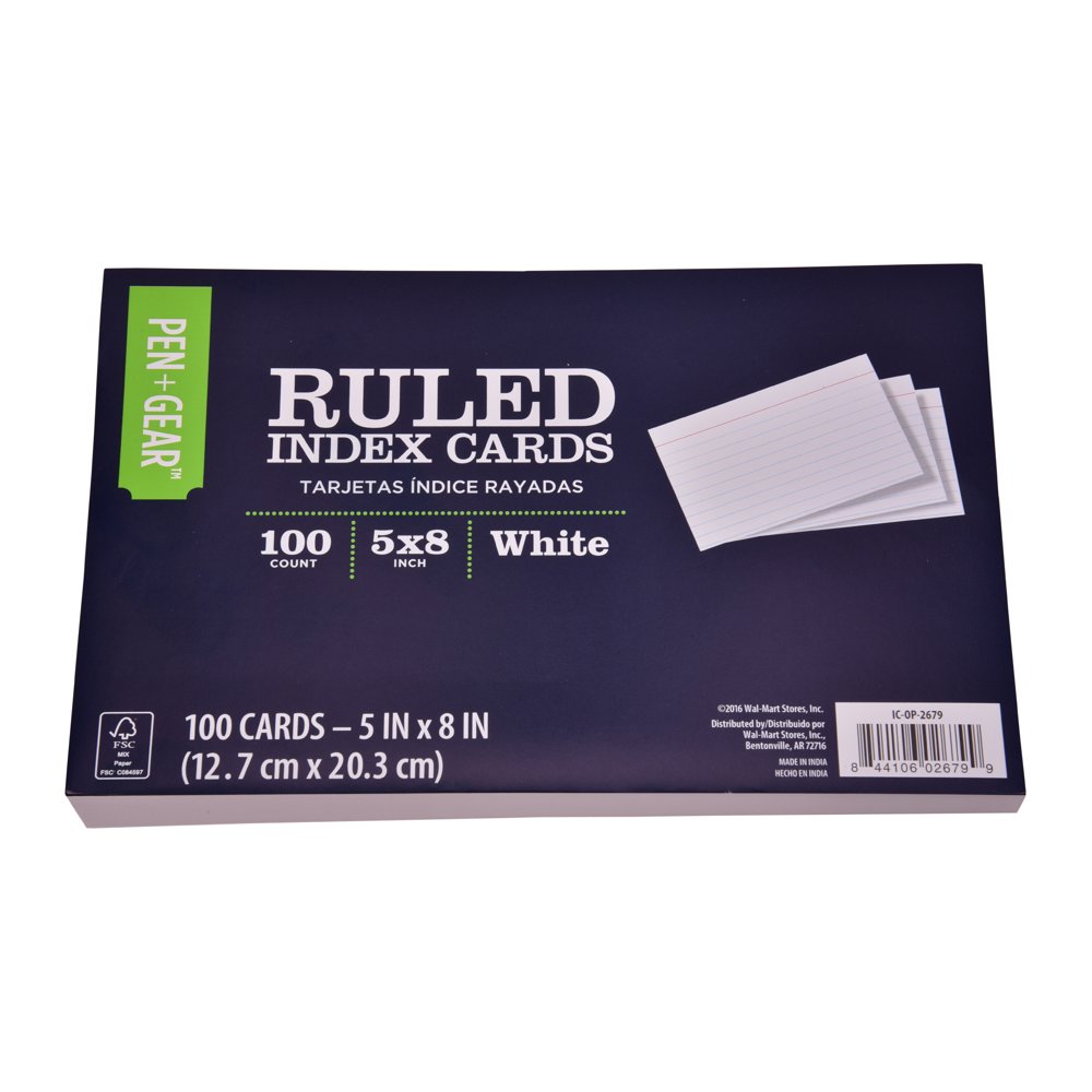 PEN+GEAR Index Card, White, 5"x 8", Ruled, 100 Count