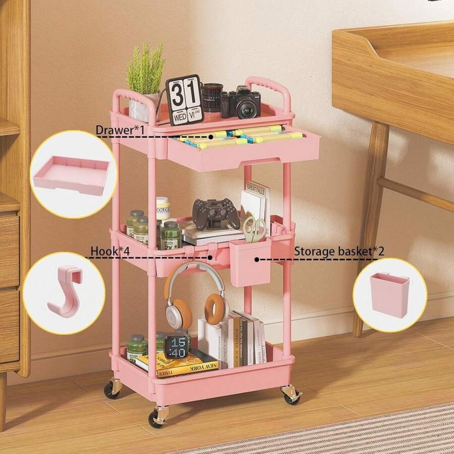 odorsTT 3 Tier Pink Rolling Storage Cart with Drawers Rolling Utility Cart with Drawers,Room Decor,Bathroom Decor,Rolling Utility Cart Rolling Storage Organizer Tool for Kitchen,Bathroom