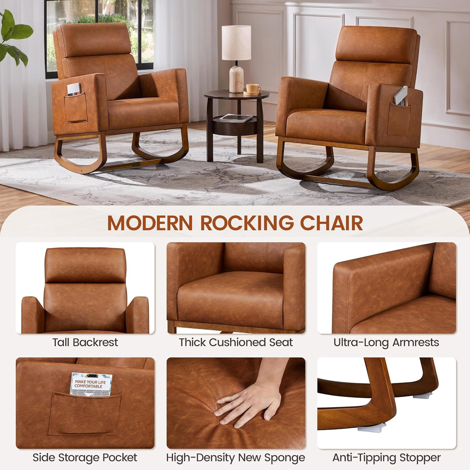 Leather Glider Chair, Modern Rocking Chair, Nursery Faux Leather Glider Chair with Rubber Wood Legs and Side Pocket, Rocking Accent Armchair for Living Room, Bedroom, Brown