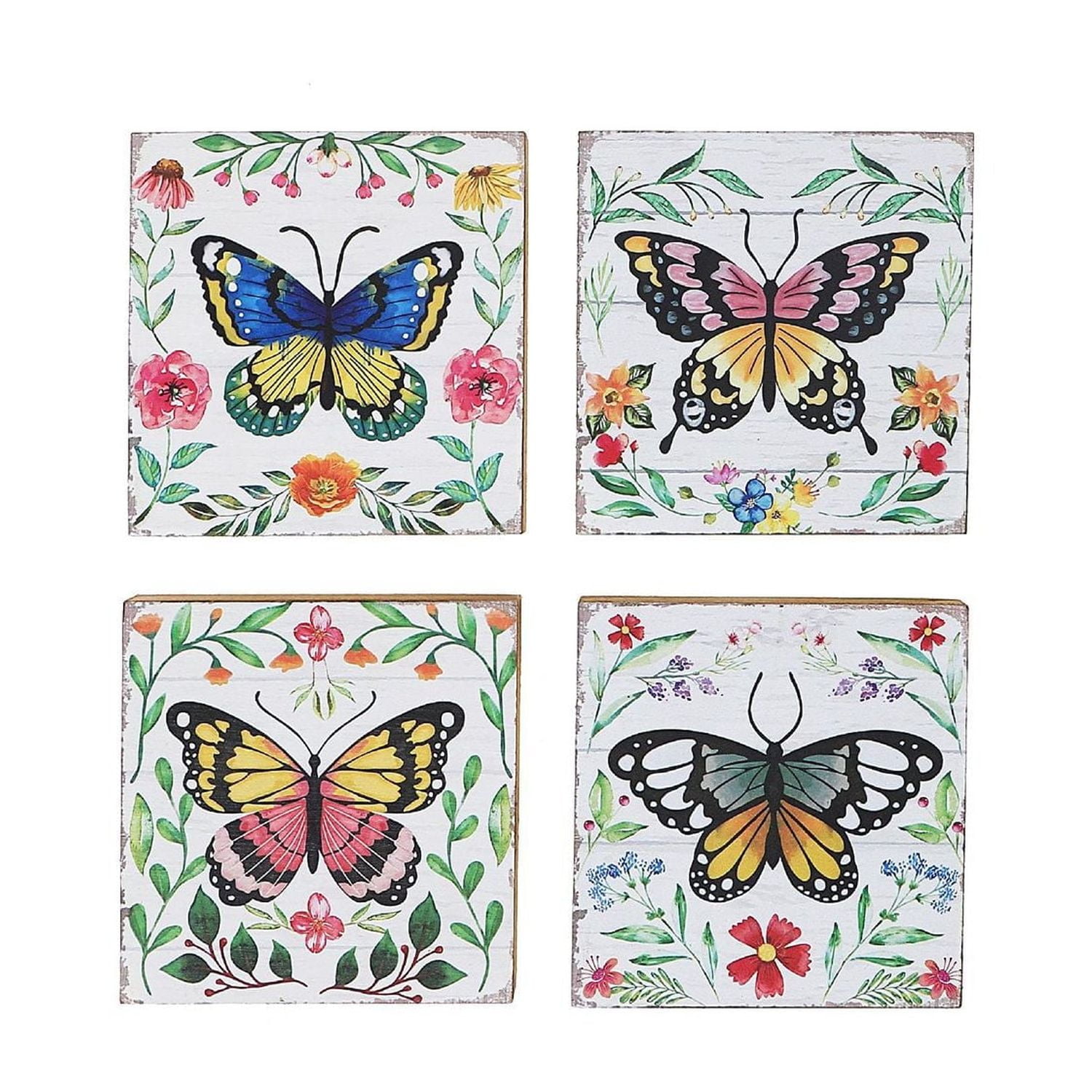 IH Casa Decor Square Wood Blocks Butterfly Asstd - Set of 4