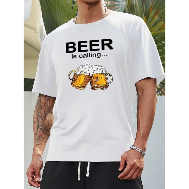 Camiseta con frase interesante "Beer Is Calling" para hombre, camiseta informal de manga corta para verano.