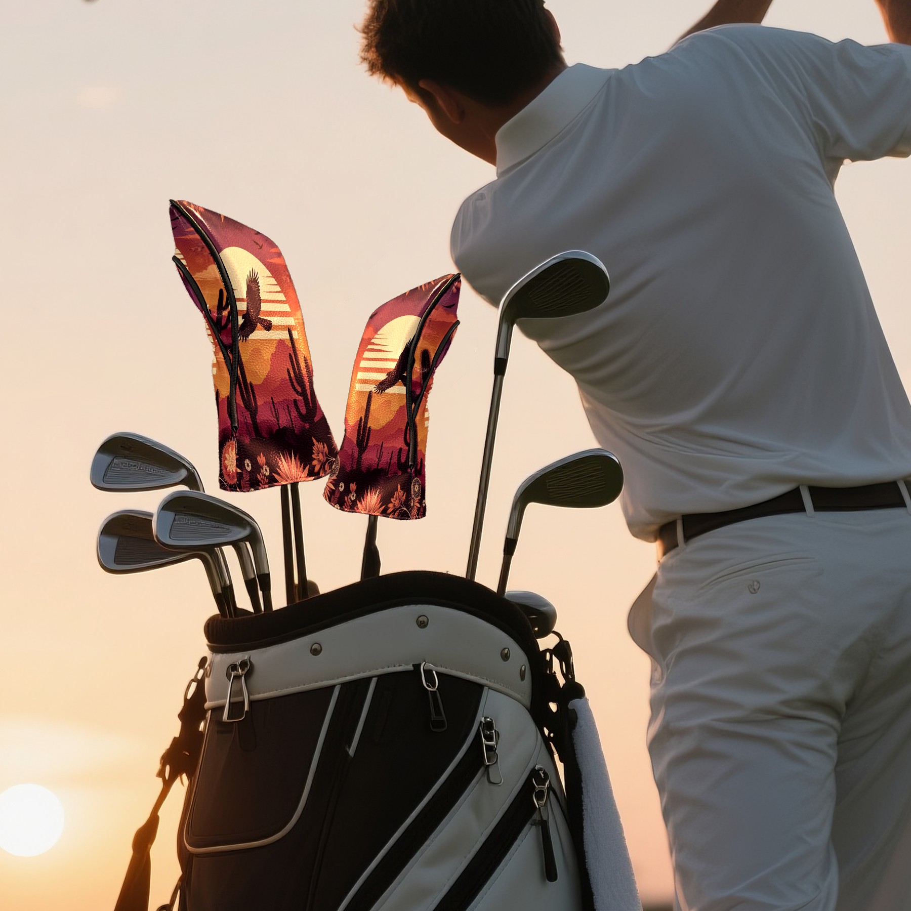 Golf Club Covers, Red Desert Eagle Premium PU Leather Driver Hybrid Putter Head Covers with Velvet Lining, Waterproof Golf Gifts for Men Women