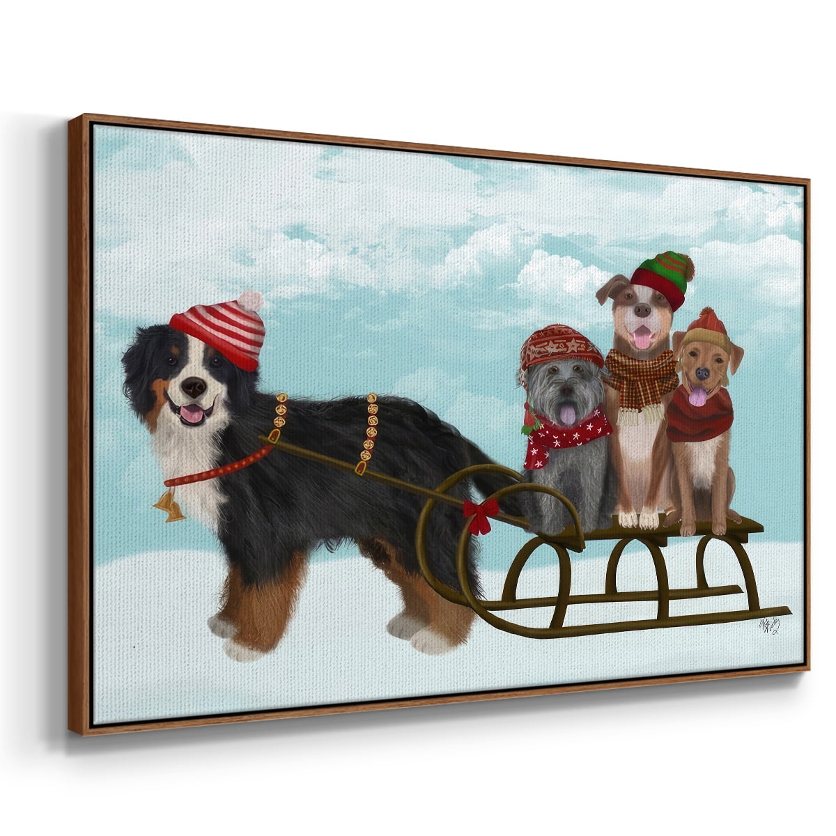 Christmas Mutt Sled - Framed Gallery Wrapped Holiday Canvas - 27 x 41 - Rosewood Frame