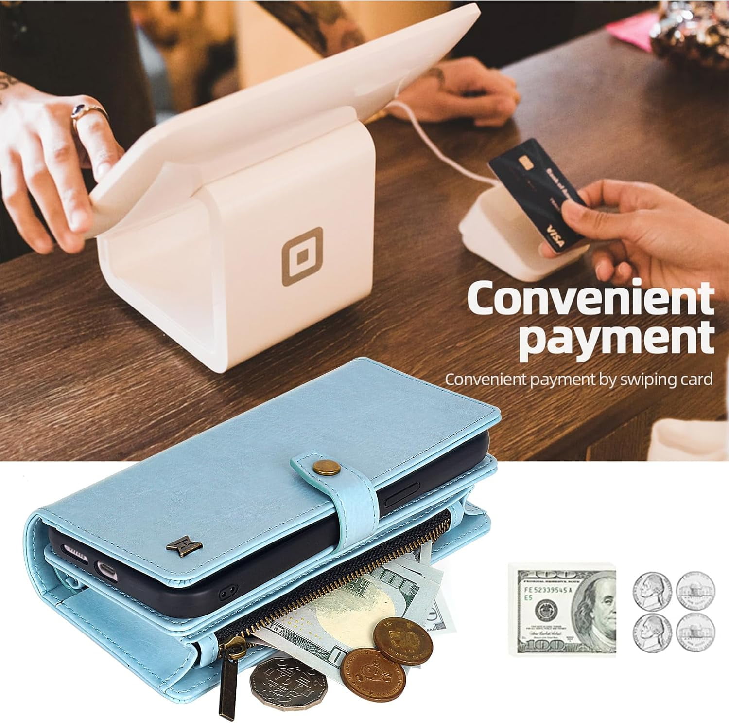 Phone Case Wallet Case Compatible for iPhone 15,iPhone 15 Multifunctional 2 in 1 Magnetic Case Wallet,Durable PU Leather Flip Lanyard Strap Wristlet Zipper Card Holder  for iPhone 15