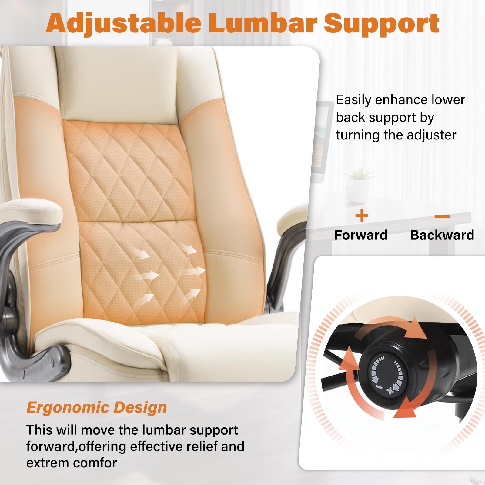 High Back Office Chair with Lumbar Support, Large Upholstered Executive Desk Chair, Faux Leather Computer Chair with Flip-up Arms, Rubber Wheels
