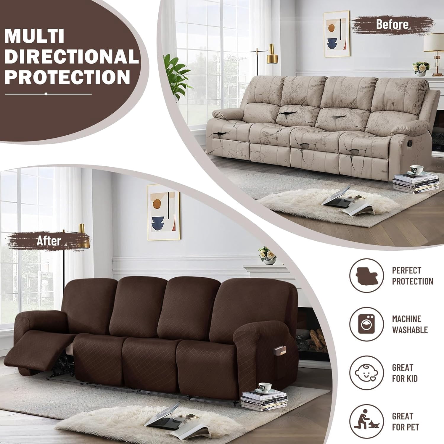 Diamond Recliner Sofa Covers 10-Pieces Stretch Large RV Couch Covers for 4 Seats Reclining Slipcovers Soft Solid Furniture Protector (Dark Coffee,4 Seat)