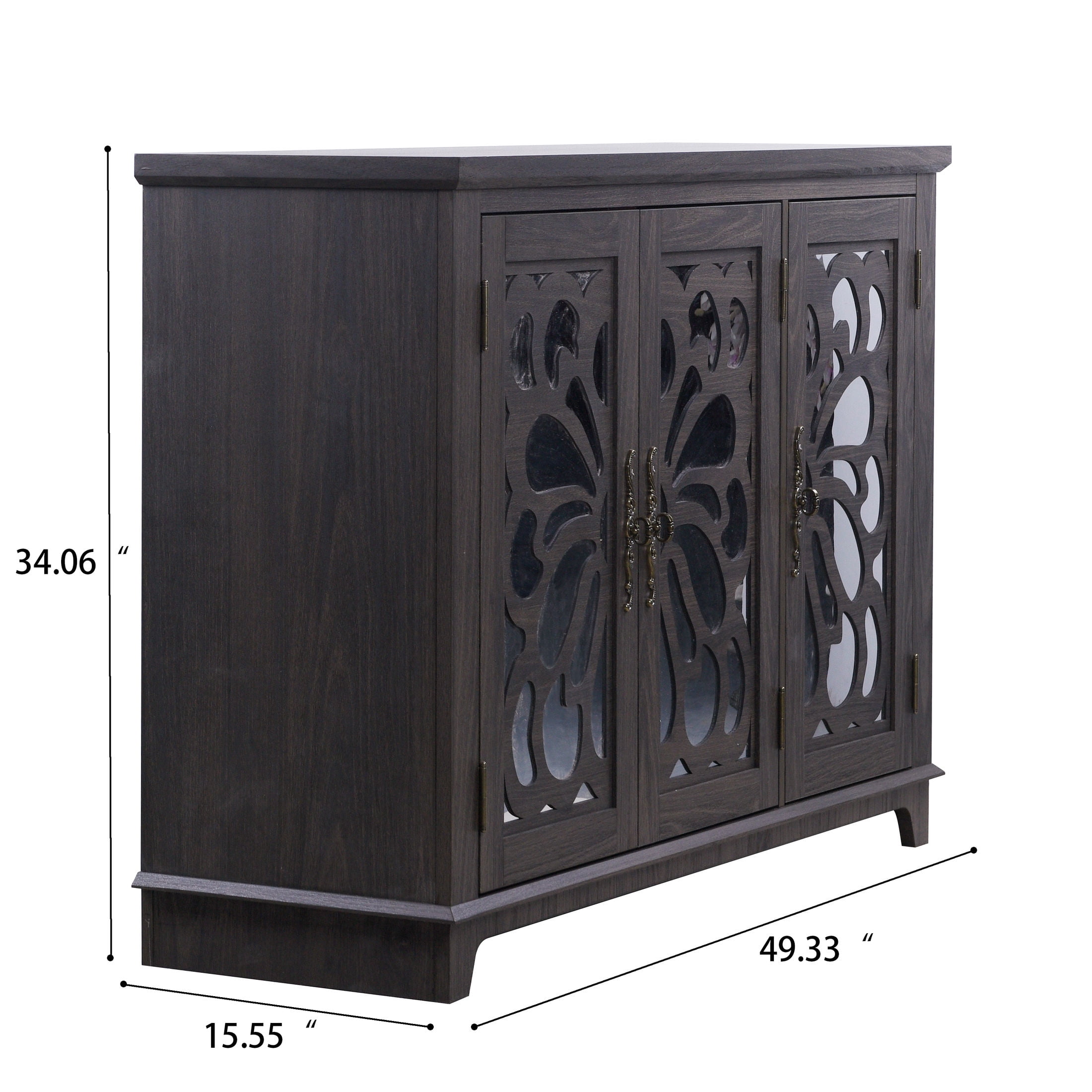GDF Studio Danus 3-Door Acrylic Mirrored Sideboard Cabinet, Rustic Hollow-Carved Storage Cupboard for Kitchen, Dark Brown