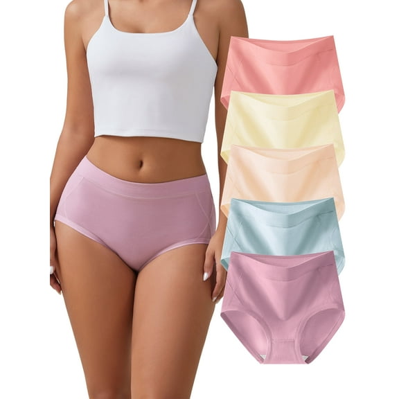 DINGLU Women High Waisted Cotton Panties Full Coverage Breathable Soft Cotton Underwear 5 Pack, Size 6