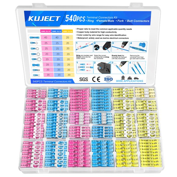 Kuject 540PCS Heat Shrink Wire Connectors Kit, Electrical Waterproof Crimp Butt Terminals, Insulated Spade Connectors for Automotive Marine Boat Truck, Include Rings For