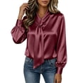 thumbnail image 3 of APEXFWDT Women's Long Sleeve Satin Dress Shirt Elegant Bow Tie Blouse Work Business Casual Office Shirt,M,Wine, 3 of 8