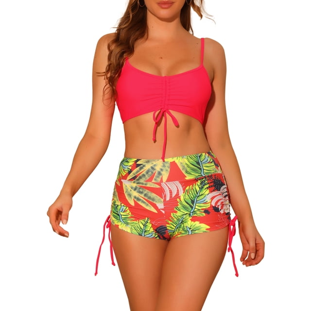 Conjuntos de bikini con tirantes para mujer, 2 piezas, estampado tropical, pantalones cortos de cintura alta, trajes de baño, talla X pequeña, rojo
