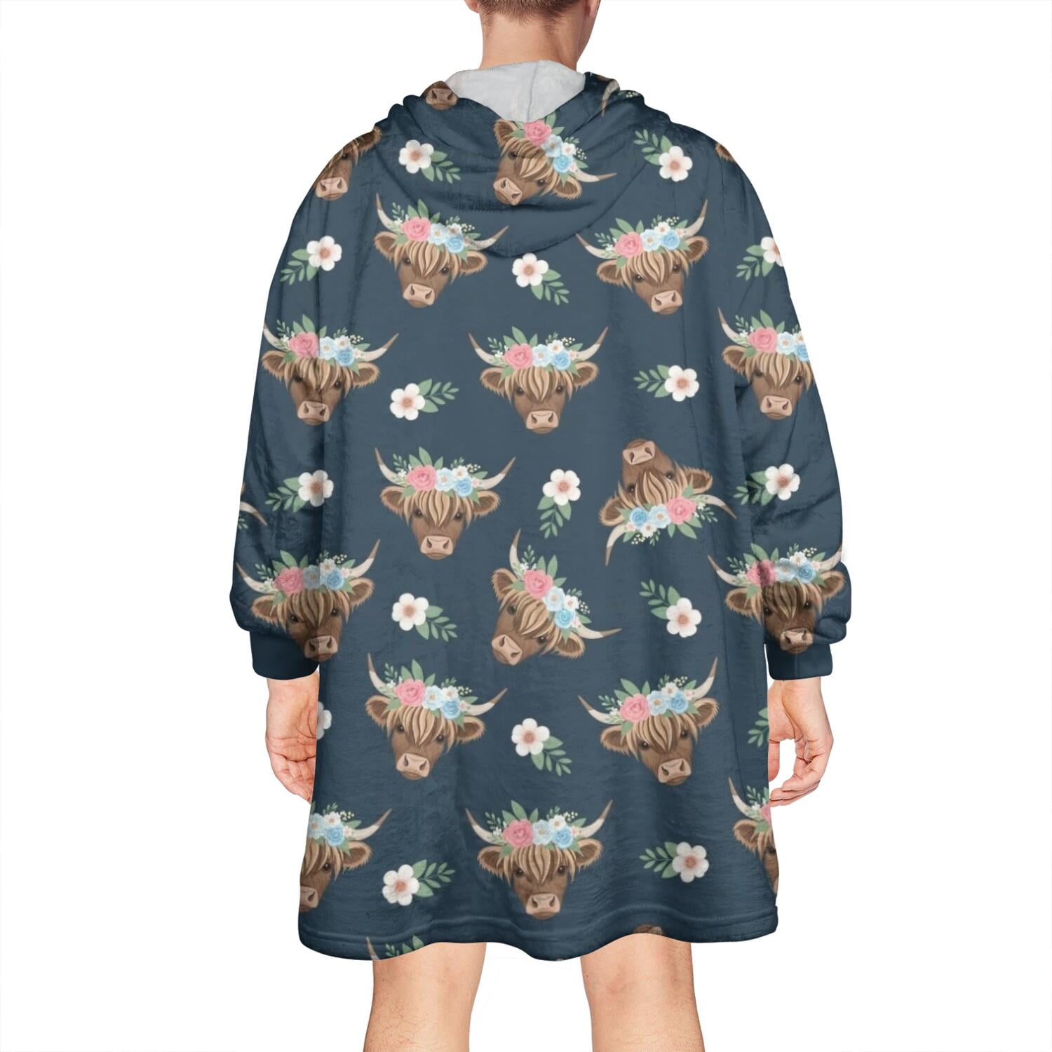 Blue Highland Cow Flower Pattern Wearable Oversized Blanket,Wearable Blanket Hoodie for Adults,Cozy Hooded Blankets with Super Pockets,Super Warm Fuzzy Pullover for Women & Men