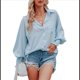 thumbnail image 2 of Camisas de Rayas con Botones para Mujer, Cuello Abullonado, Larga, Blusas Fruncidas Extragrandes con Bolsillo. Azul 5XL, 2 of 10