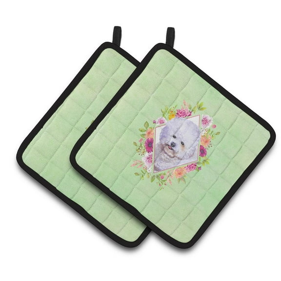Bichon Fris� #2 Green Flowers Pair of Pot Holders