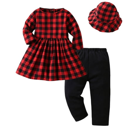 

BSDHBS Baby Girl Dress Toddler Baby Kids Girls Suit Christmas Plaid Long Sleeve Top Pants Hat Set Outfits
