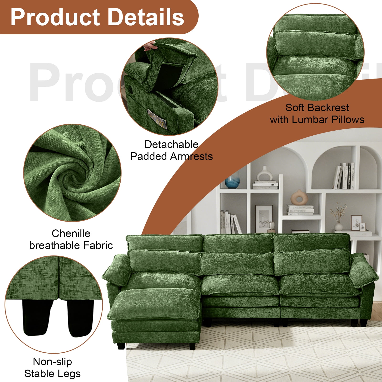 113'' Modular Sectional Sofa,L Shaped Couch with Movable Ottoman, Convertible Sectional Couches with Deep Seat, 3 Seat for Living Room Comfy Cloud Sofa with USB Side Pockets & Charging(Green)