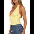 thumbnail image 1 of Top Corto de Punto Acanalado con Cuello en V Profundo, Ribete de Encaje y Lazo para Mujer, Corte Entallado, Sin Mangas, Fruncido y Bloques de Color. Amarillo L, 1 of 10