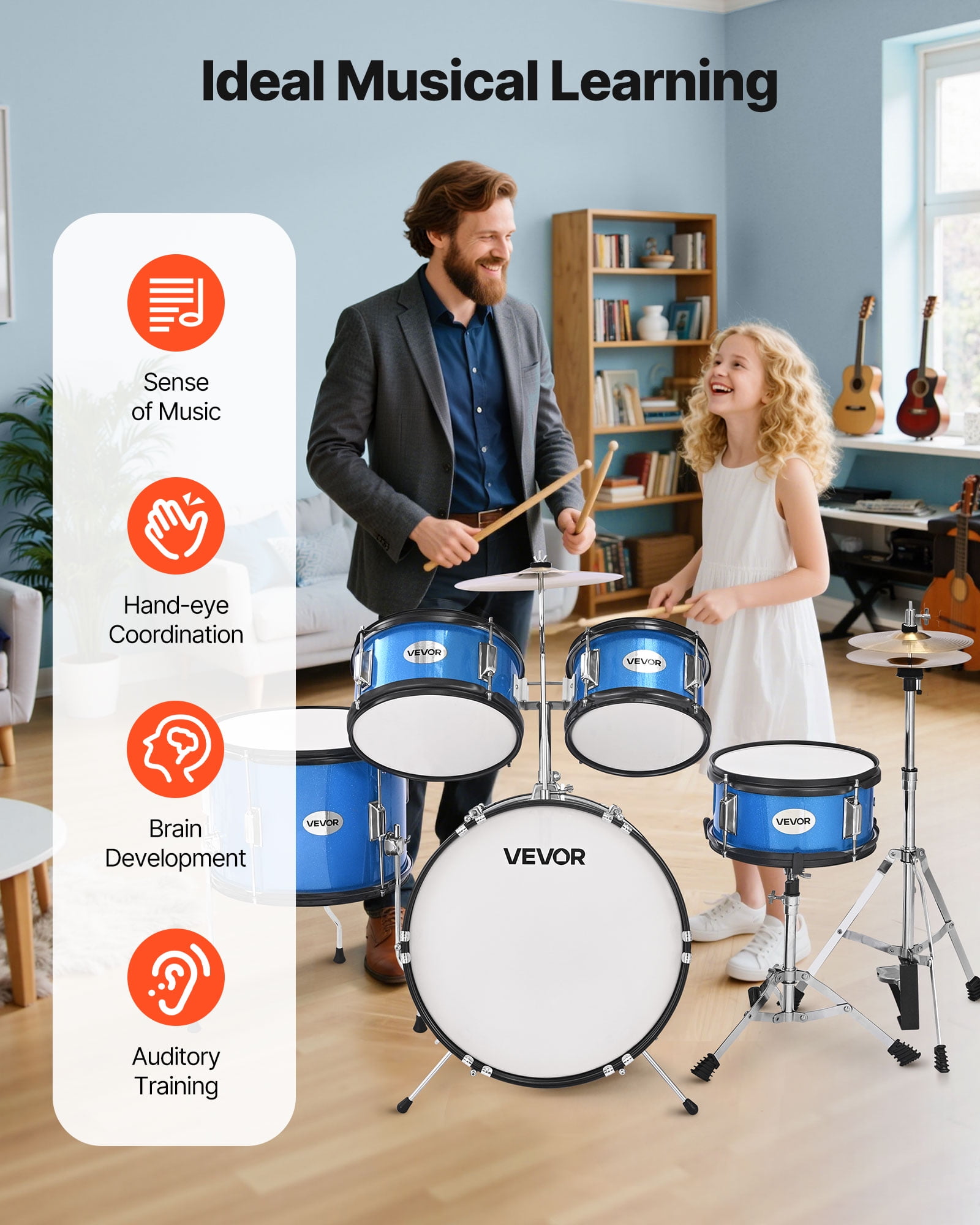 VEVOR Kids Drum Set, 5-Piece 16 in Junior Drum Sets, Beginner Drums Set with Adjustable Throne, Cymbal & Two Pairs of Drumsticks, Musical Learning Drums Kit(Blue)