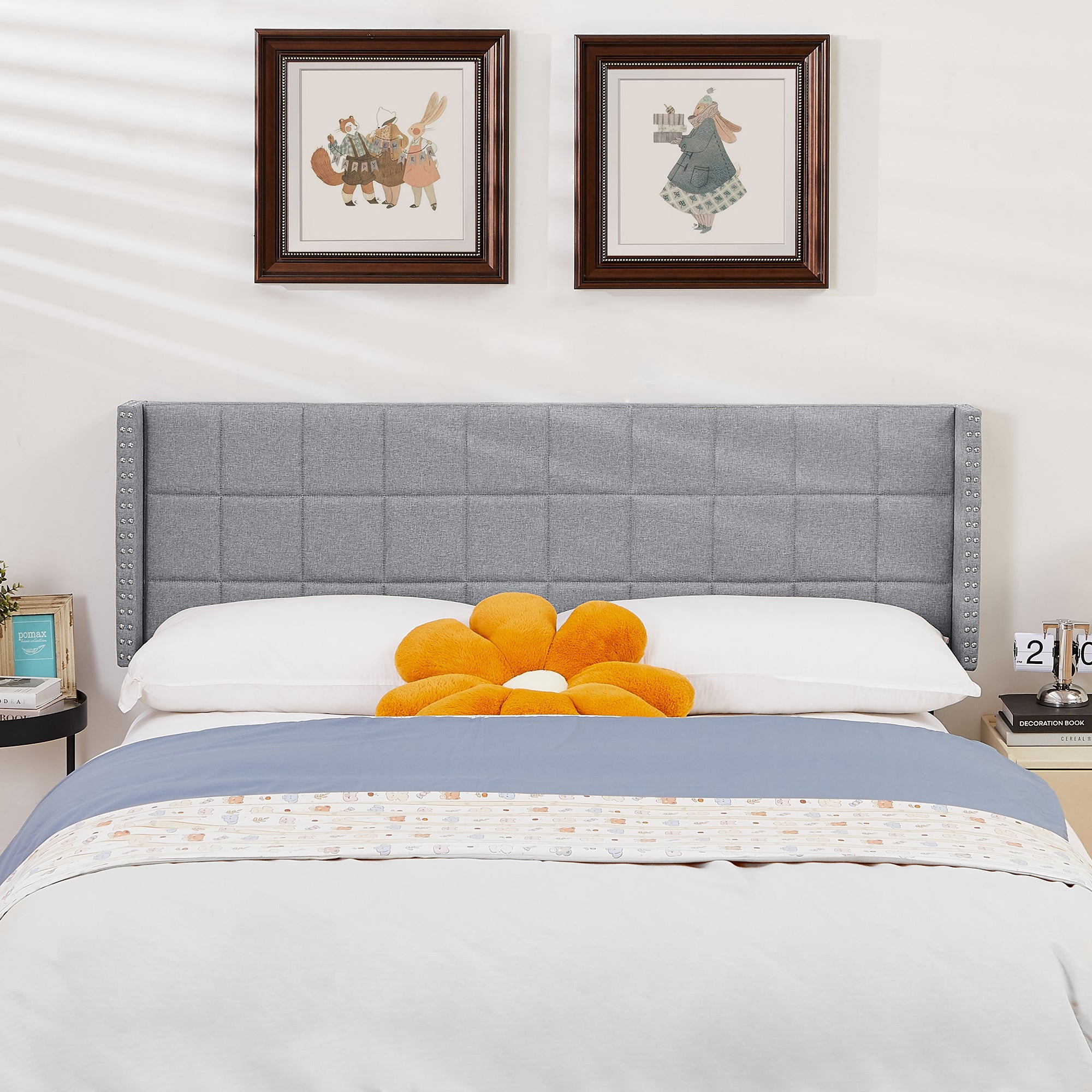 VECELO Queen Size Adjustable Height Upholstered Headboard, Modern Wingback Headboard with Double Nailhead Trimming and Button Tufting for Bedroom, Light Gray