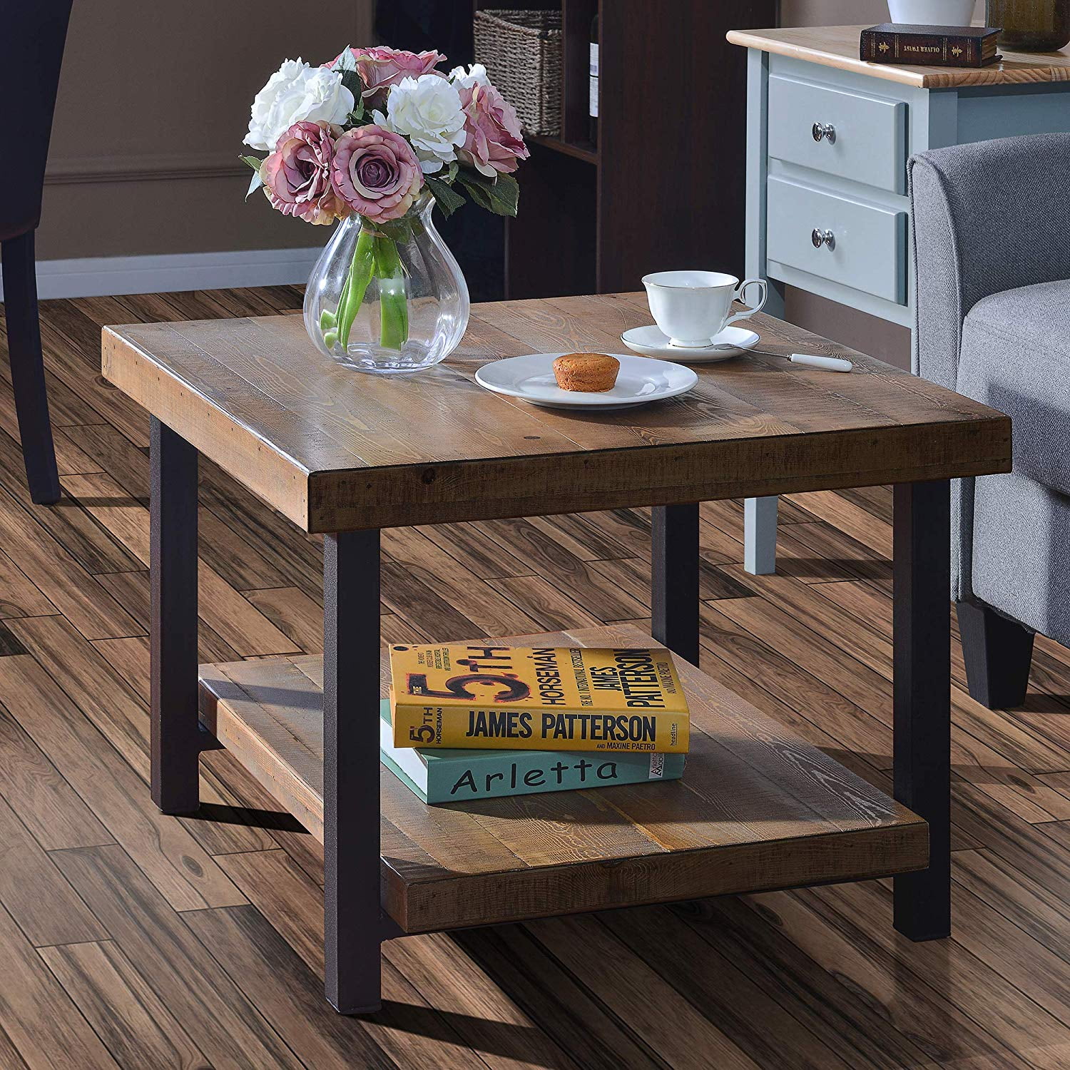 Harper&Bright Designs Industrial Big Square Pine Wood Coffee Table