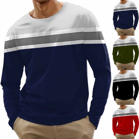 Goodtrade8 Mens Tops Plus Size Color Block Casual Long Sleeve Black Crew Neck Shirts for Men Plus Size