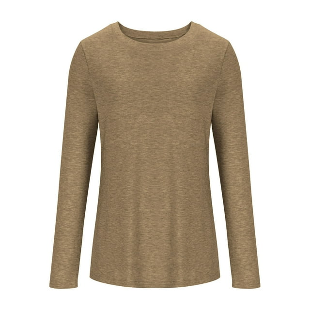 Lmnyox Women's Long Sleeve Tops Fashion Round Neck Basic T Shirt Fall Casual Solid Color Pullover Shirts