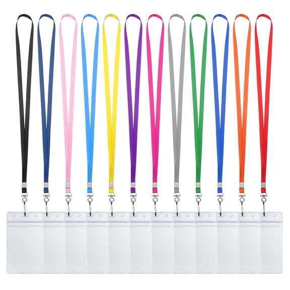 Uxcell 12 Sets Clear Name Tags with Lanyard, Badge ID Card Holders with 12 Color Flat Neck Lanyards for Office, Teachers