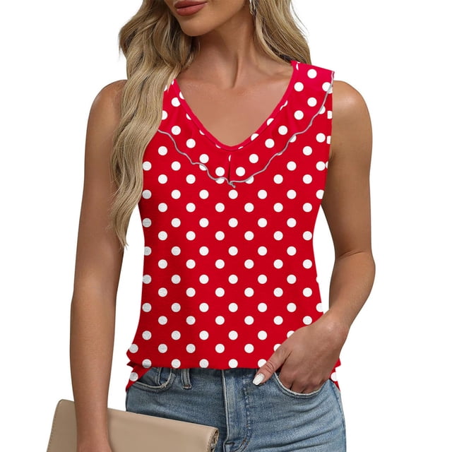 Karight Tank Tops for Women Polka Dot Ruffle Shirts Sleeveless Round Neck Tank Top Casual Summer Blouses Vest