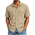 thumbnail image 2 of Avirosel Men's Button Down Short Sleeve Casual Cotton Textured Top with Double Pockets Khaki, 2 of 9