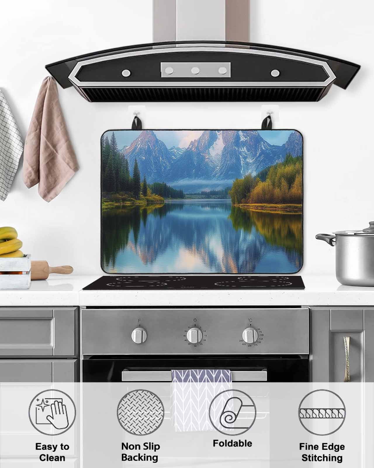 nqOlkjepod Large Induction Cooktop Protector Mat 24"x21", Grey Mountain Stove Top Covers for Electric Stove, Green Forest Modern Art Farmhouse Stove Burner Cover Mats, Glass Top Stove Cover