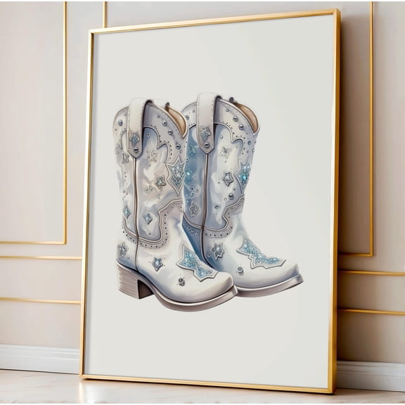White Diamond Cowgirl Boots Art Print, Glam Dorm Decor Home Decor #2673, Unframed Poster Size 8x12