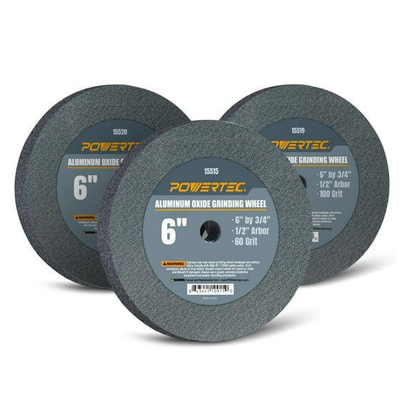 POWERTEC 3PK 6" x 3/4", 1/2" Arbor, Aluminum Oxide Bench Grinder Wheel, Bench and Pedestal Grinding Wheels, 60 & 100 & 150 Assorted Grits (15534)