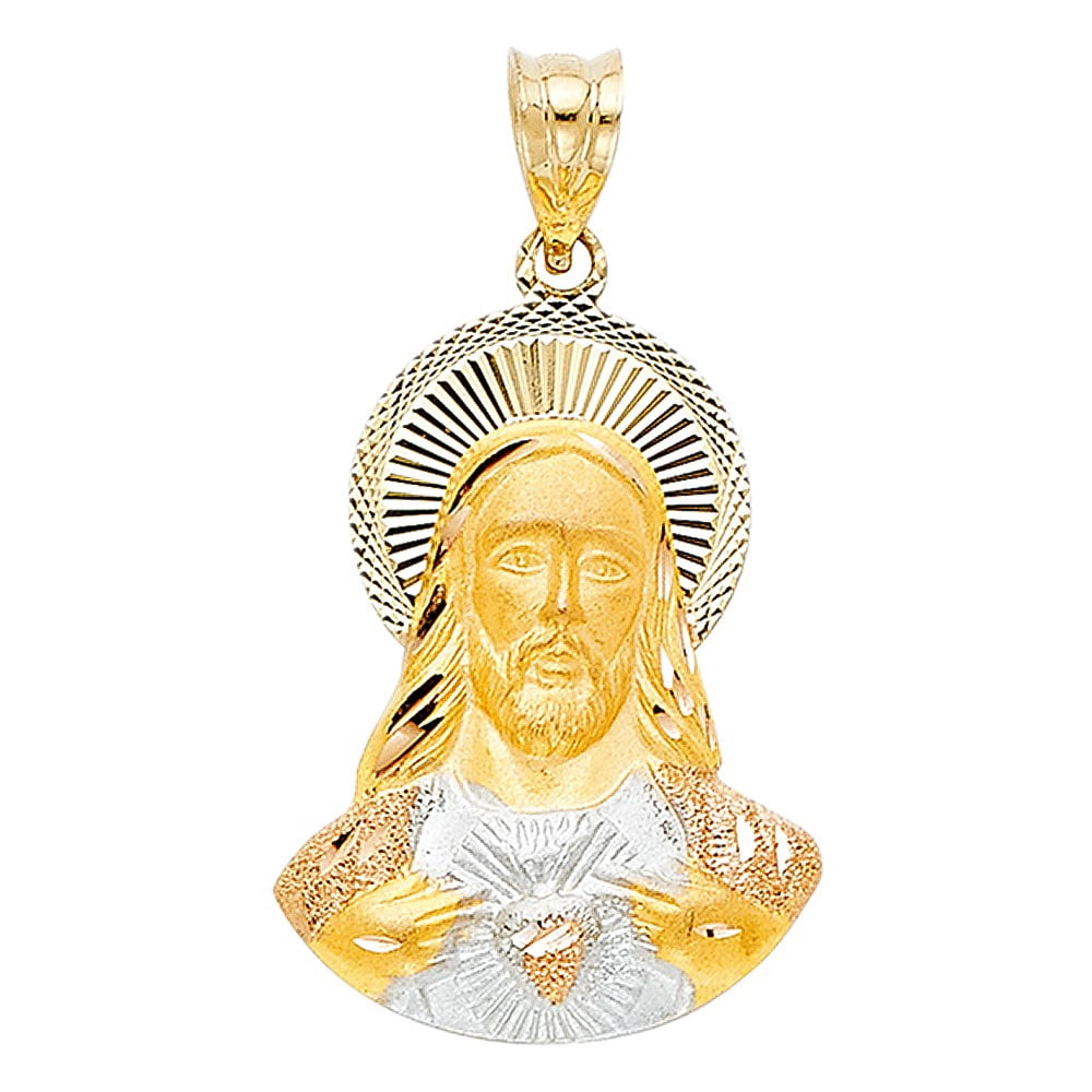 14k Tri-tone Gold Diamond-cut Sacred Heart Jesus Pendant