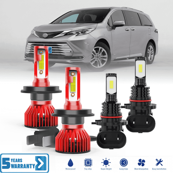 Fit for Toyota Sienna 2000 2001 2002 2003 – H4/9003 9006 LED Headlight Set Bulbs Combo 4 Pack, 6,500K Cool White 30,000LM Super Bright, Premium LED High Low Beam   Foglights Lamp Upgrade Set