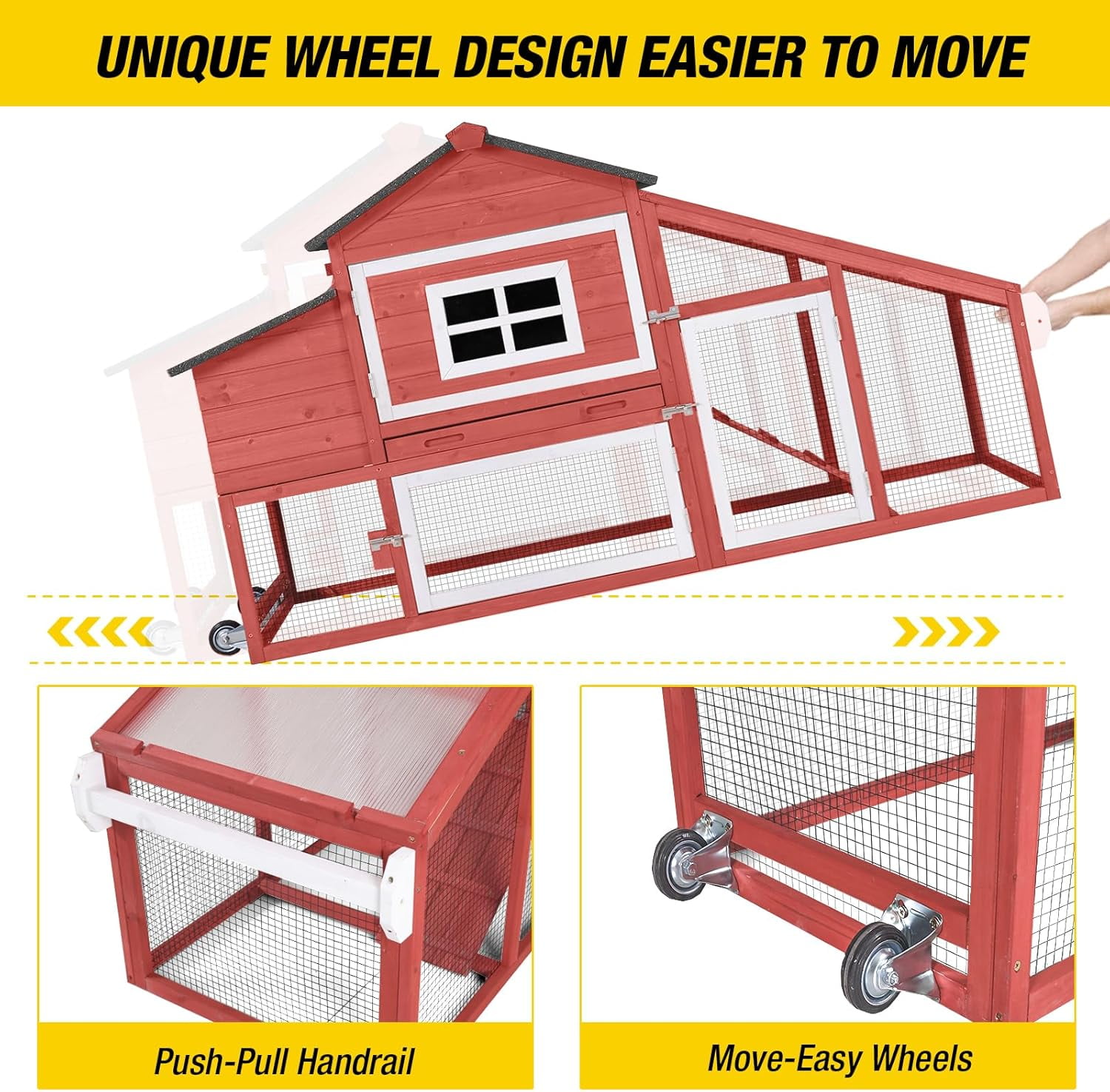 Aivituvin Mobile Chicken Coop with Wheels for 2-4 Chickens, Weatherproof Chicken House Poultry Cage with Nesting Box, Leakproof Pull-Out Tray for Outdoor Backyard, Red