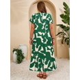 thumbnail image 3 of Green Abstract Leaf Print Round Neck Short Sleeve Maxi Casual Dress For Women, 3 of 8