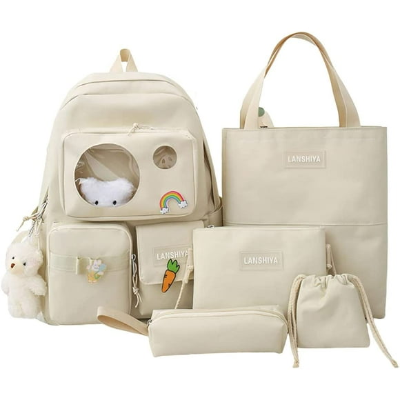 Kawaii Aesthetic Cute 5pcs School Bags Set with Accessories School Suppliers for Teens Girls Backpack Tote Bag (White)…