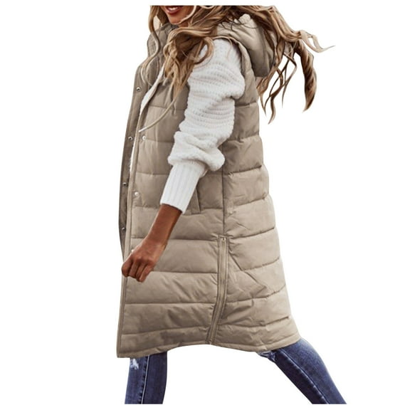 Lisingtool winter coats for women women's long winter coat vest with hood sleeveless warm down coat with pockets quilted vest down jacket quilted outdoor jacket beige