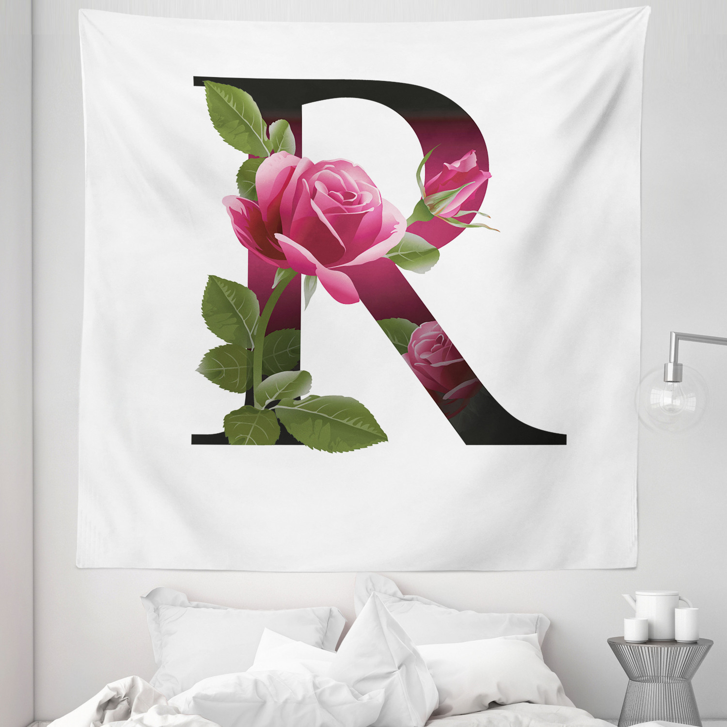 Letter R Tapestry, Capitalized R with Flower of Love Rose Nature ...