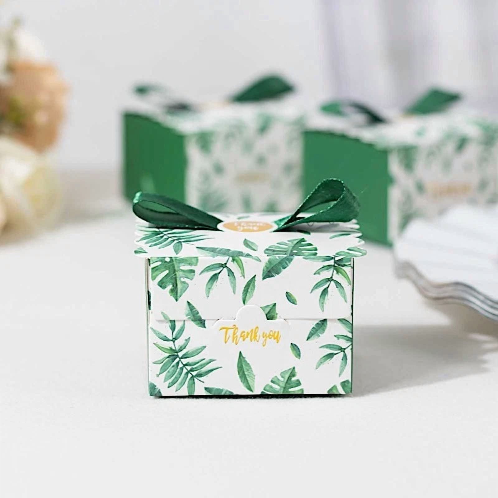 25 Green Monstera Leaf Print Favor Gift Boxes Satin Ribbon Bow Party Decorations