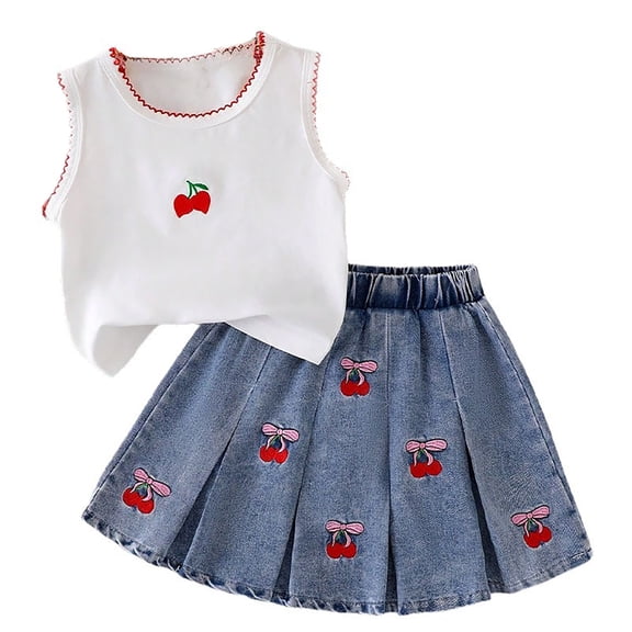 JAJAHO Girls Skirts Set 2 Piece Summer Outfits Cherry Embroidery Sleeveless Tank Top Pleated Denim Skirt Kids Girl Cute Matching Clothing Set 3-7Y