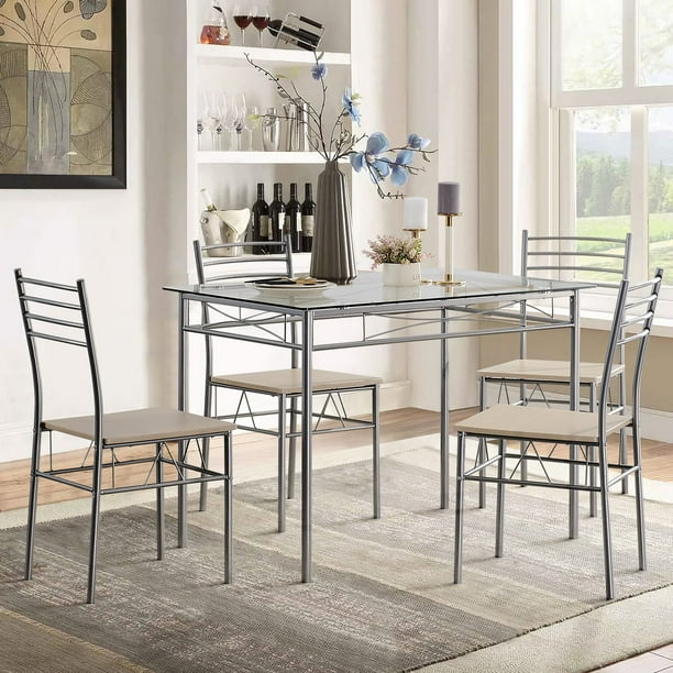 VECELO 5Piece Dining Room Set Glass Top Table with 4 Chairs for