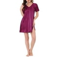 thumbnail image 2 of INSPIRE CHIC Women's Satin Nightgowns V Neck Short Sleeve Striped Sleepshirt Silky Lounge Sleepwear Pajama Dress XL Red, 2 of 5