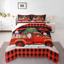 Manfei Rustic Red Truck Bedding Comforter Set, Christmas Santa Claus Twin Comforter Sets, Teen Boy Girl Kid Reversible Bedding Set, Lightweight Room Decor, 2-Piece