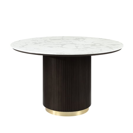 Round Dining Table 52 Inch White Artificial Marble Top with Engineered Wood Base in Dark Espresso and Gold Finish Contemporary Style for Dining Room Modern Home Furniture